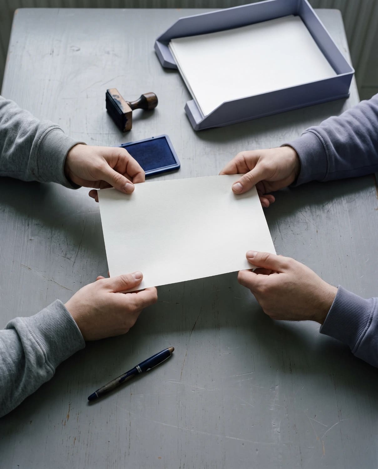 Seen from above, two pairs of hands pass a blank sheet across a desk, beside a stamp and a tray.
