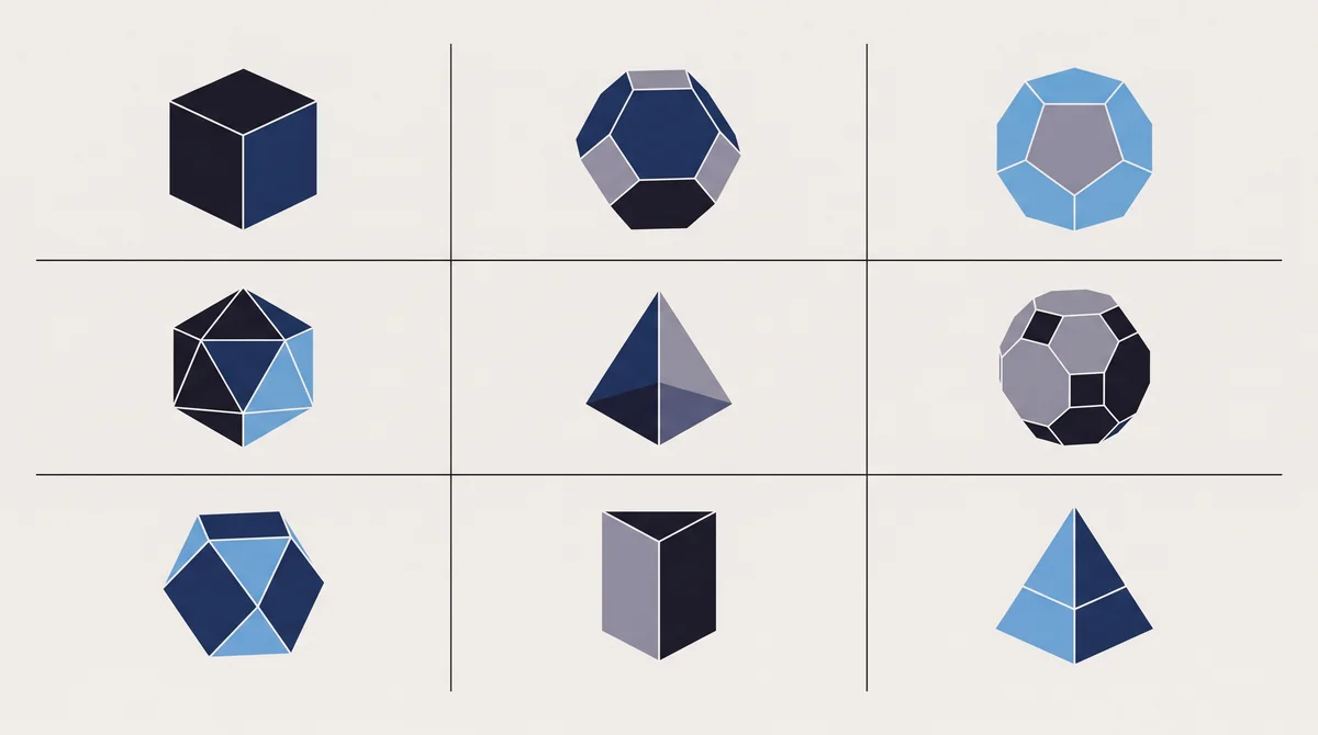 Nine small geometric solids set out on a strict grid, like a catalogue plate.