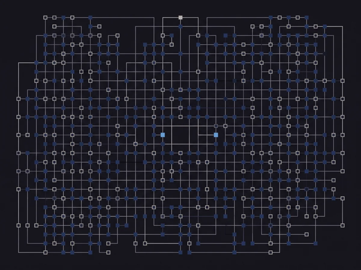 An orthogonal network of filled and empty nodes joined at right angles.