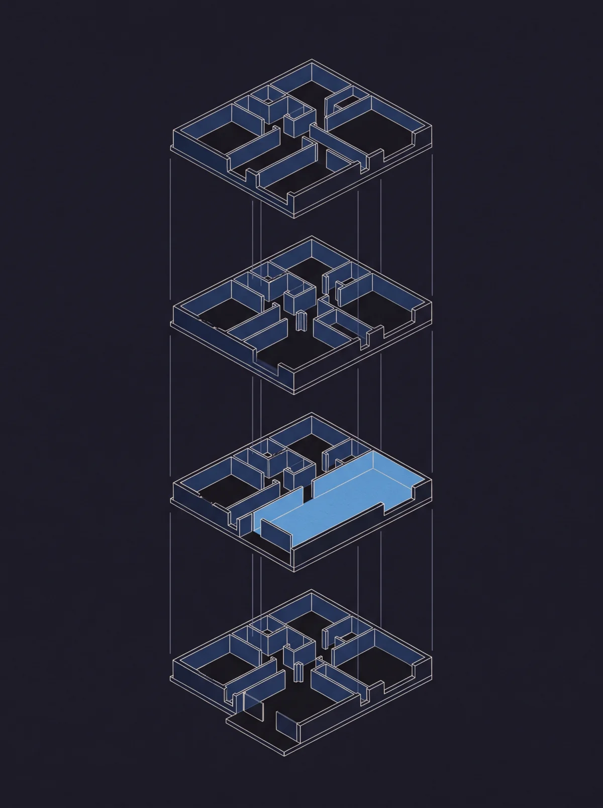 Four stacked floor plans in exploded elevation, aligned by vertical guide lines.