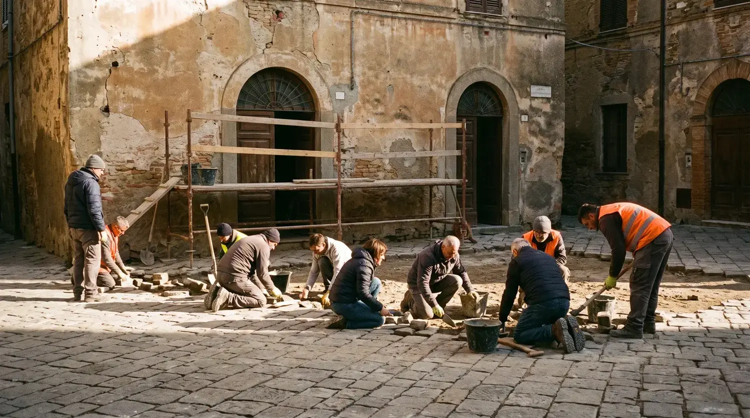 A village square under repair, its paving relaid by hand
