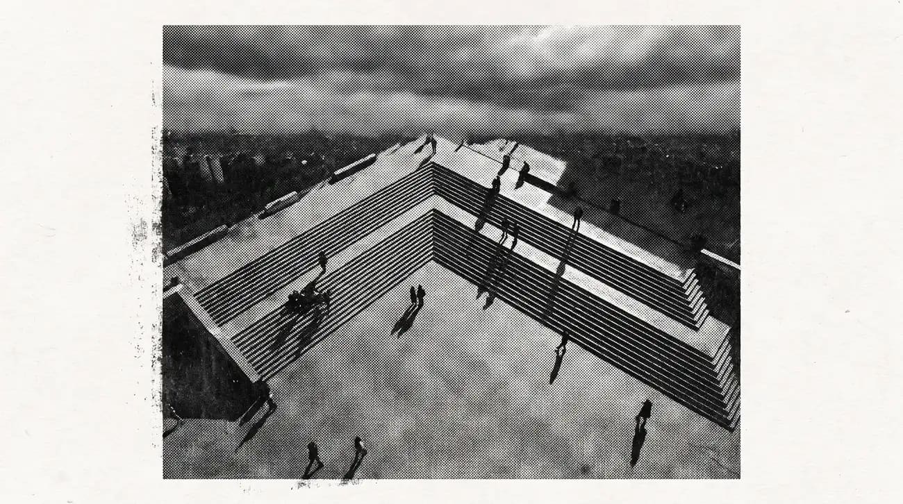 Oblique aerial view of a courtyard building
