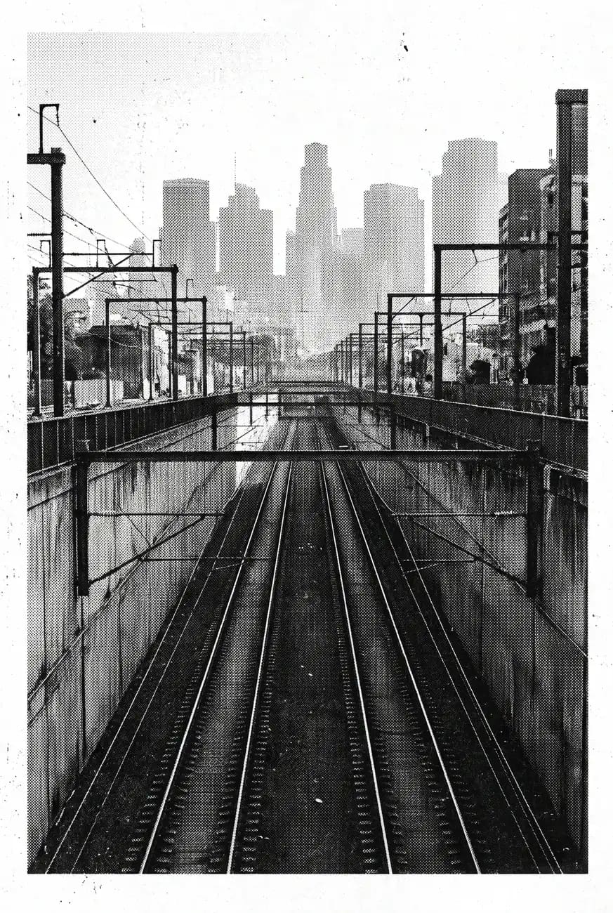 Railway tracks running towards a city, in black and white