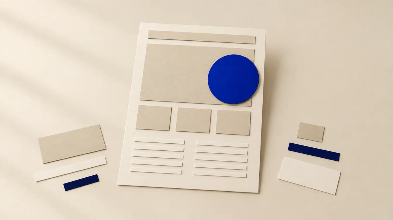 Composizione di carta che raffigura l’impaginazione di un sito web, con un disco blu