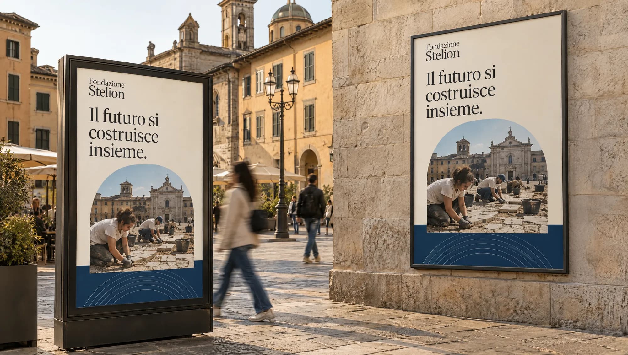 Fondazione Stelion posters in a historic Italian square