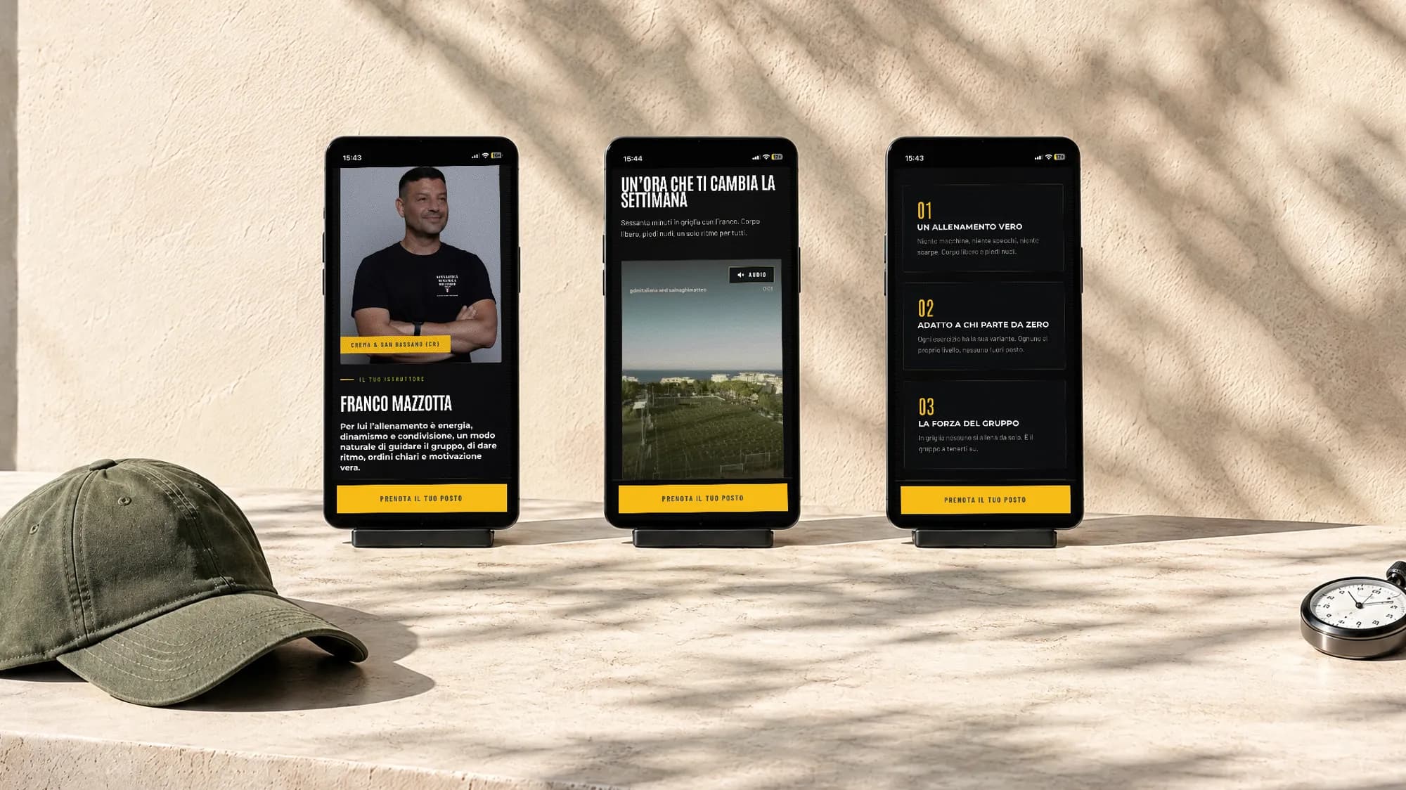 Franco Mazzotta’s landing page on three phones: the instructor, the training hour and three reasons to try it