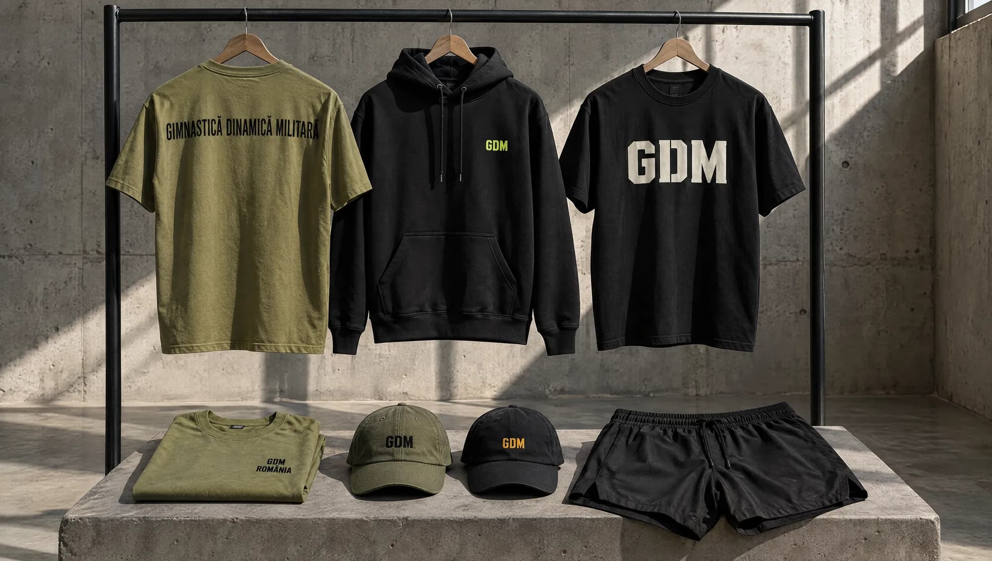 Gimnastică Dinamică Militară t-shirts, hoodie, caps and shorts on a clothing rail