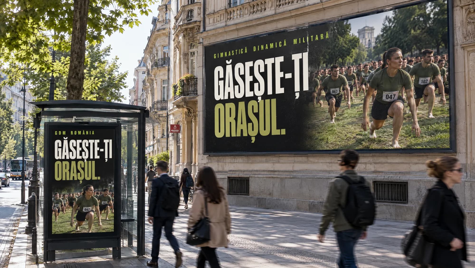 A billboard and a bus shelter poster reading «Găsește-ți orașul.» on a Bucharest boulevard