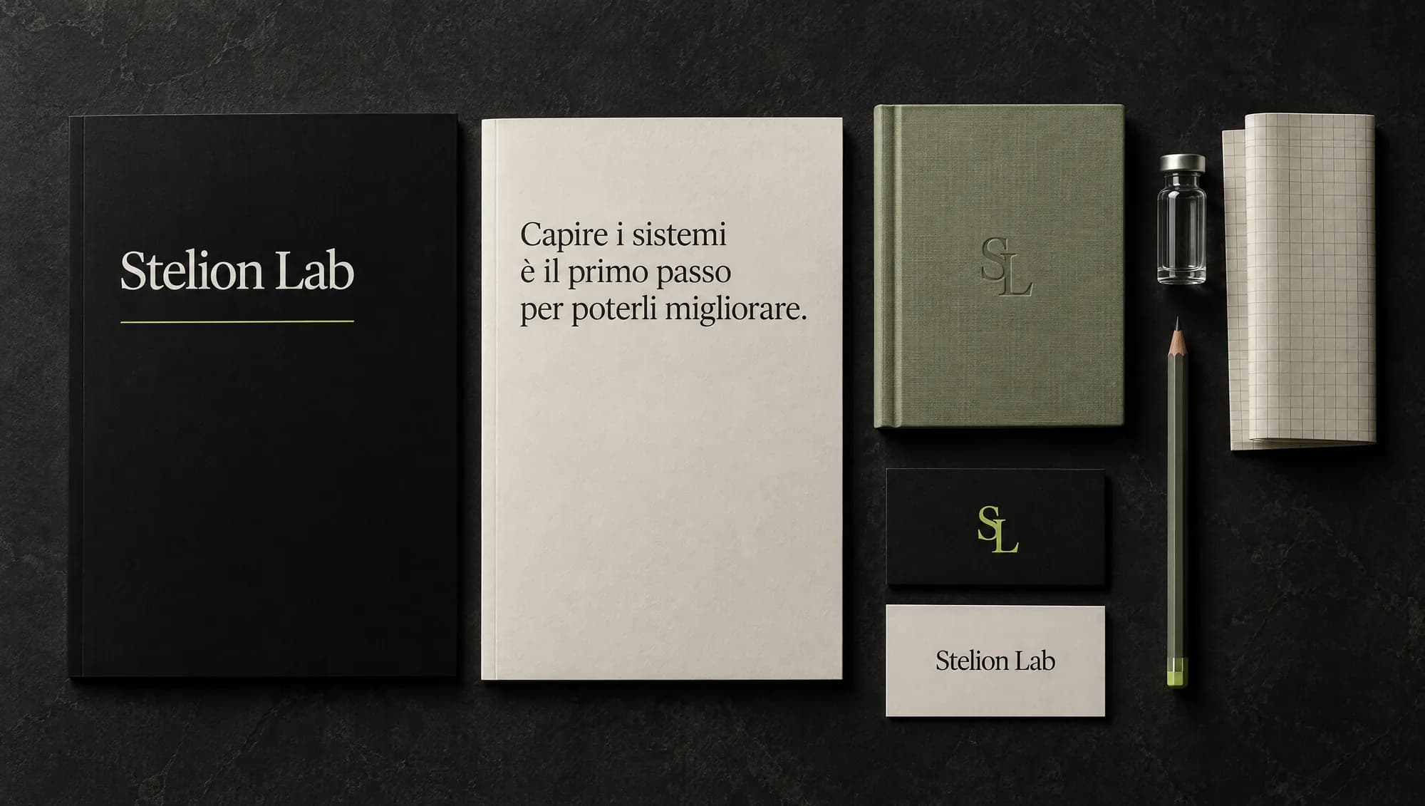 Stelion Lab reports, sage notebook and business cards on dark stone